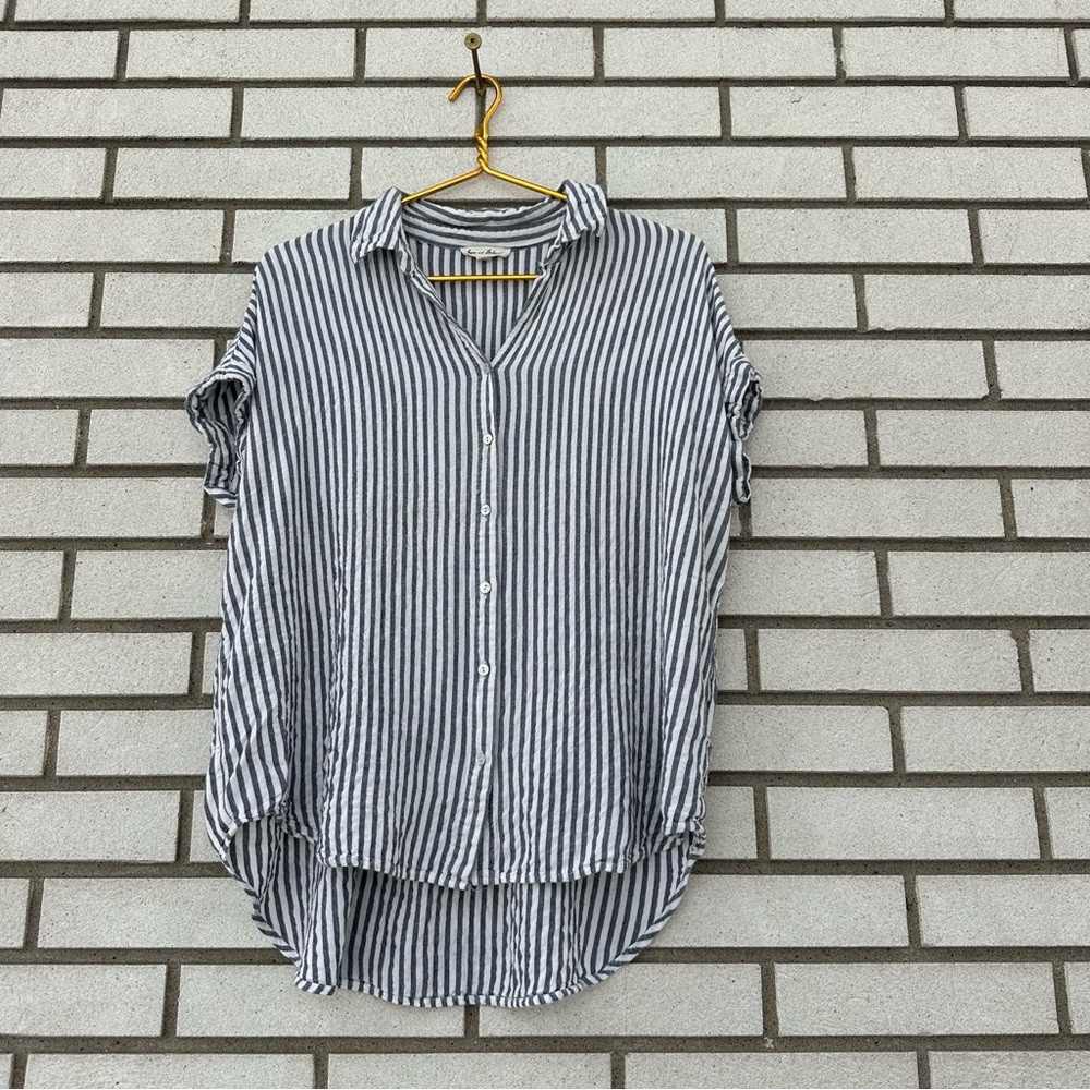 Jane and Delancey Gray White Stripe Buttondown Hi Low Tunic Rayon L - Picture 1 of 9